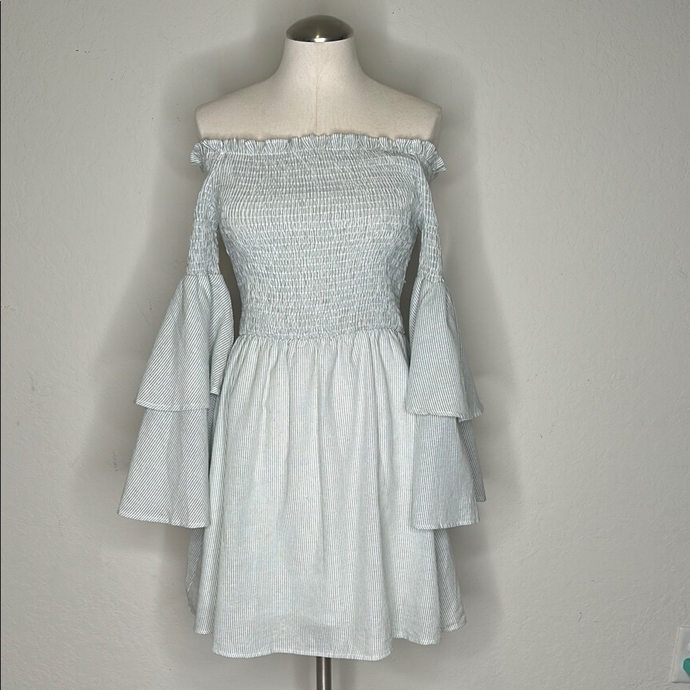 Green Off-Shoulder Smocked Sundress with Bell Sleeves
